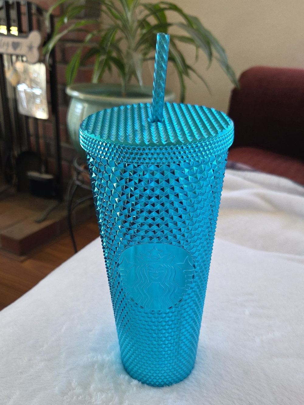 NWT. Starbucks Metallic Teal Studded Cold Cup with Straw